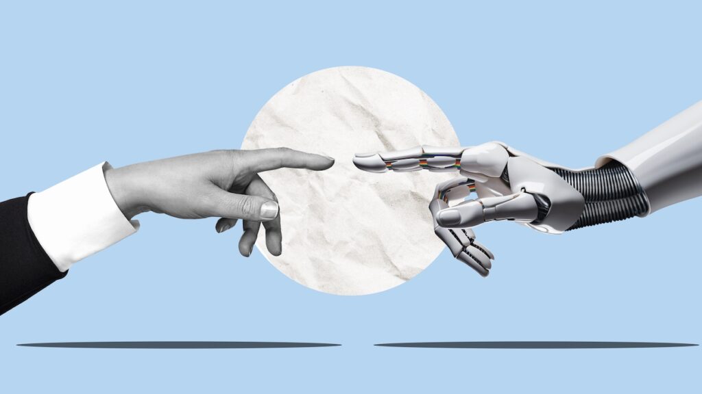 White,Cyborg,Robotic,Hand,Pointing,His,Finger,To,Human,Hand