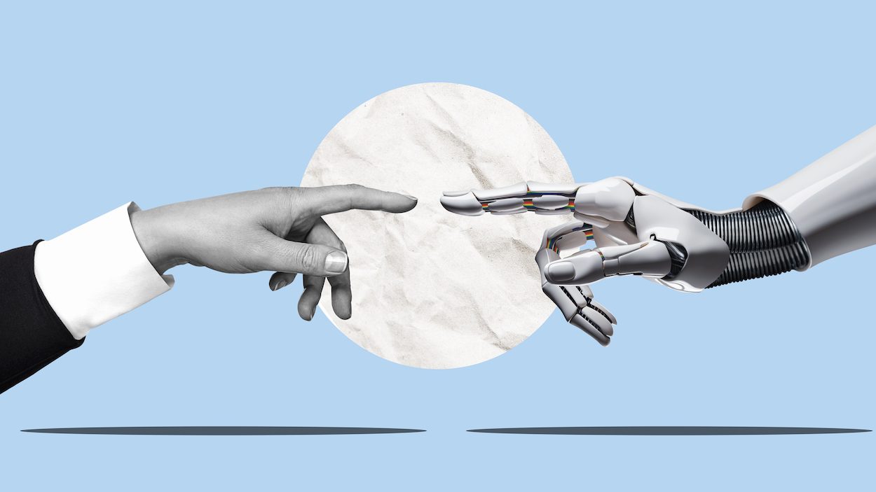 White,Cyborg,Robotic,Hand,Pointing,His,Finger,To,Human,Hand